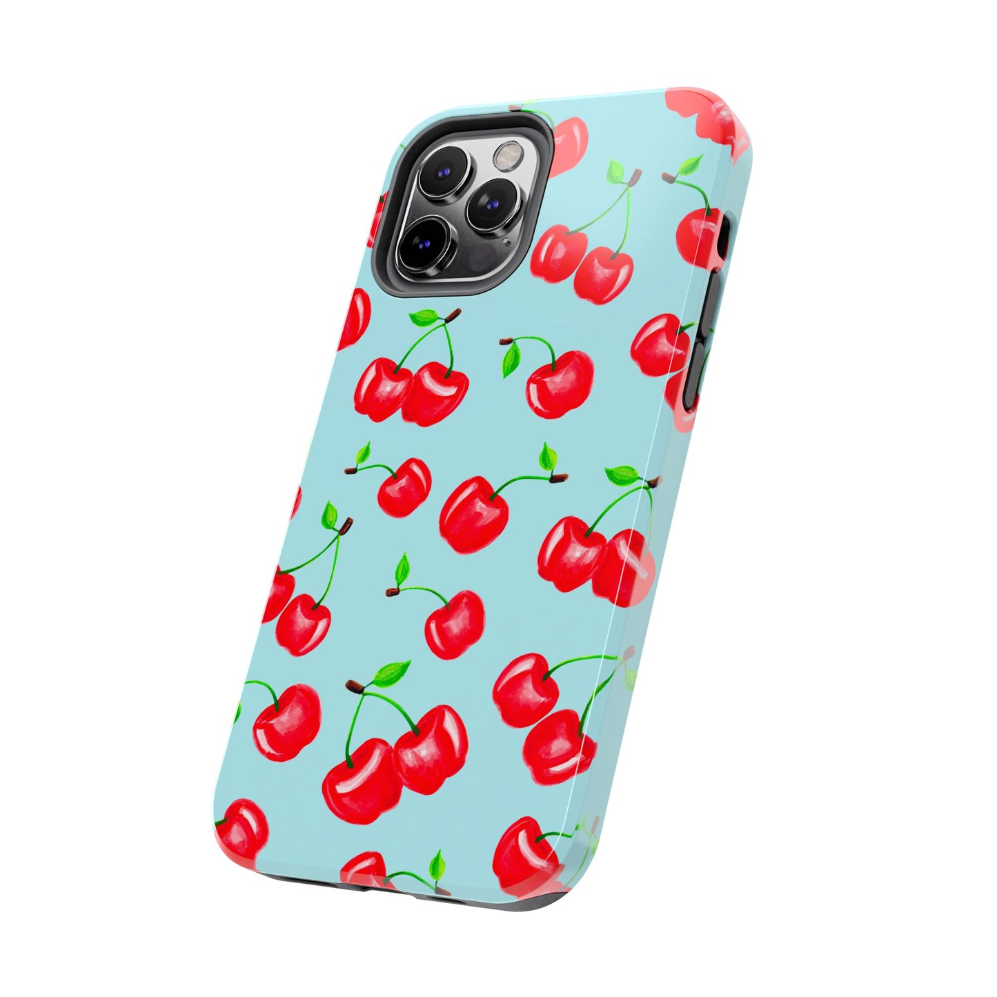 Tossed Red Watercolor Cherries Illustrated Pattern Bright Blue Tough Phone Case | Various Models