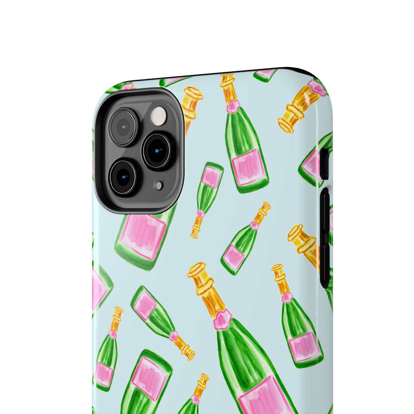 Tossed Pink and Green Watercolor Illustrated Champagne Bottles Pattern Light Blue Tough Phone Case | Various Models