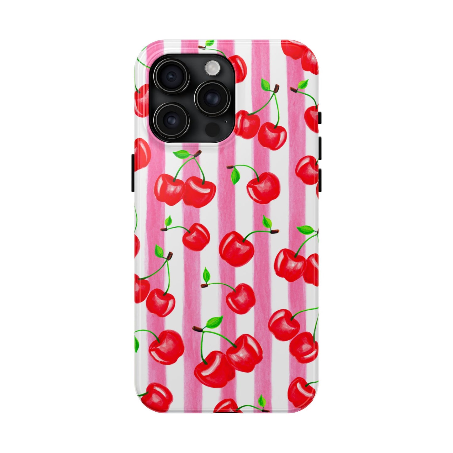 Tossed Red Watercolor Cherries Illustrated Pattern Light Pink Stripes Tough Phone Case | Various Models
