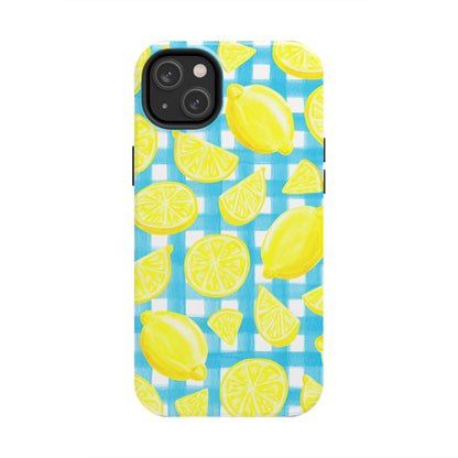Bright Yellow Lemons Watercolor Illustrated Tossed Pattern Turquoise Gingham Tough Phone Case | Various Models