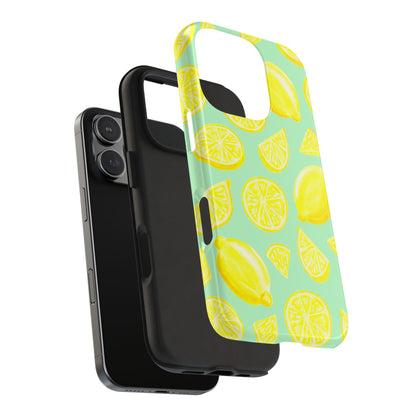 Bright Yellow Lemons Watercolor Illustrated Tossed Pattern Mint Green Tough Phone Case | Various Models