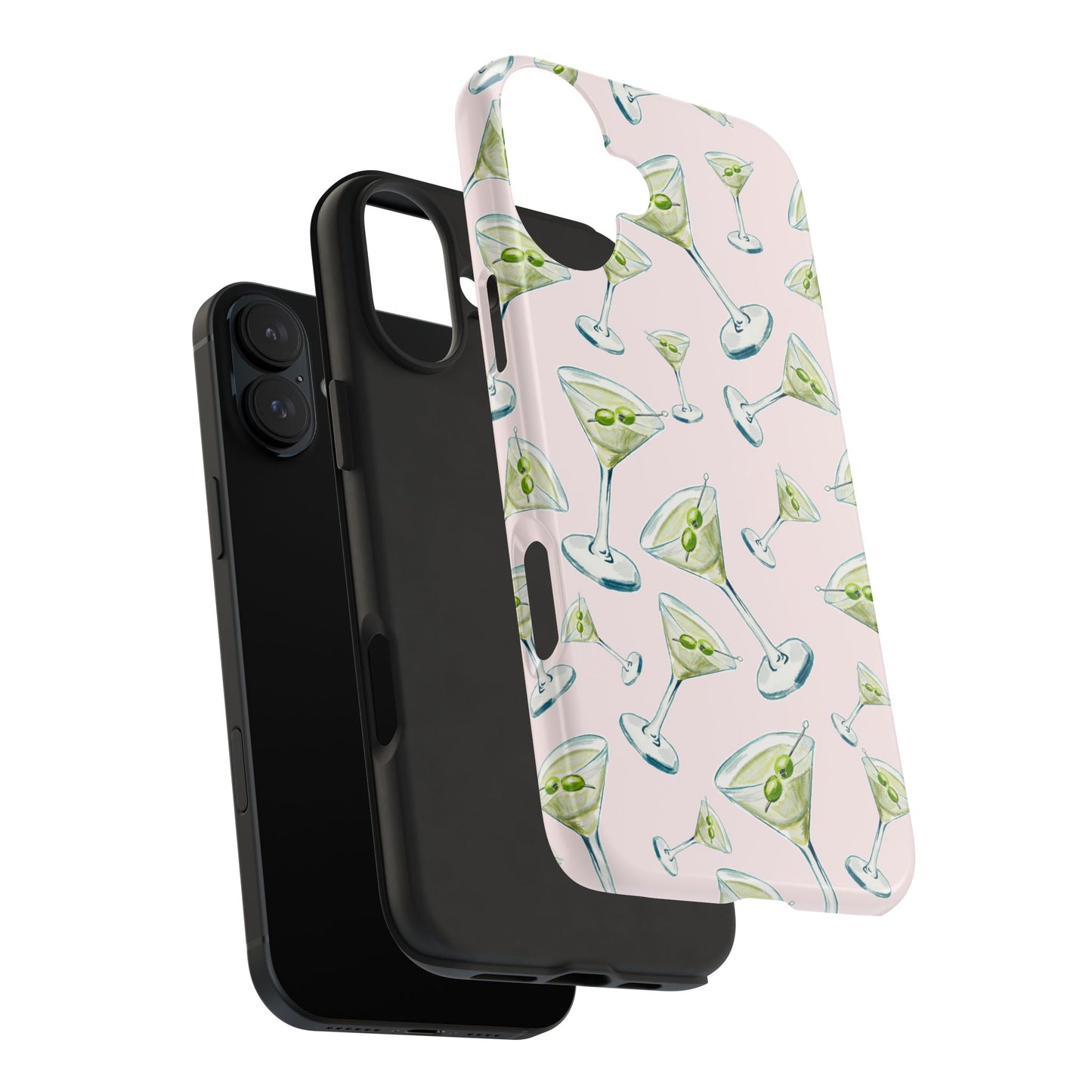 Watercolor Blue and Green Martinis Tossed Illustrated Pattern Blush Pink Tough Phone Case | Various Models
