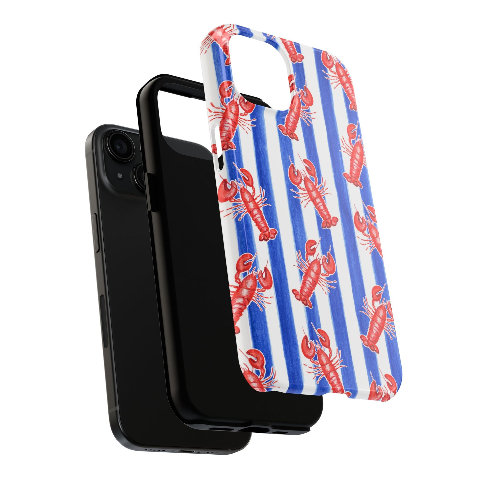 Blue & White Strip Red Lobster Watercolor Patterned Phone Case | Various Models