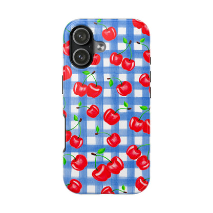 Tossed Red Watercolor Illustrated Cherries Light Blue Gingham Tough Phone Case | Various Models