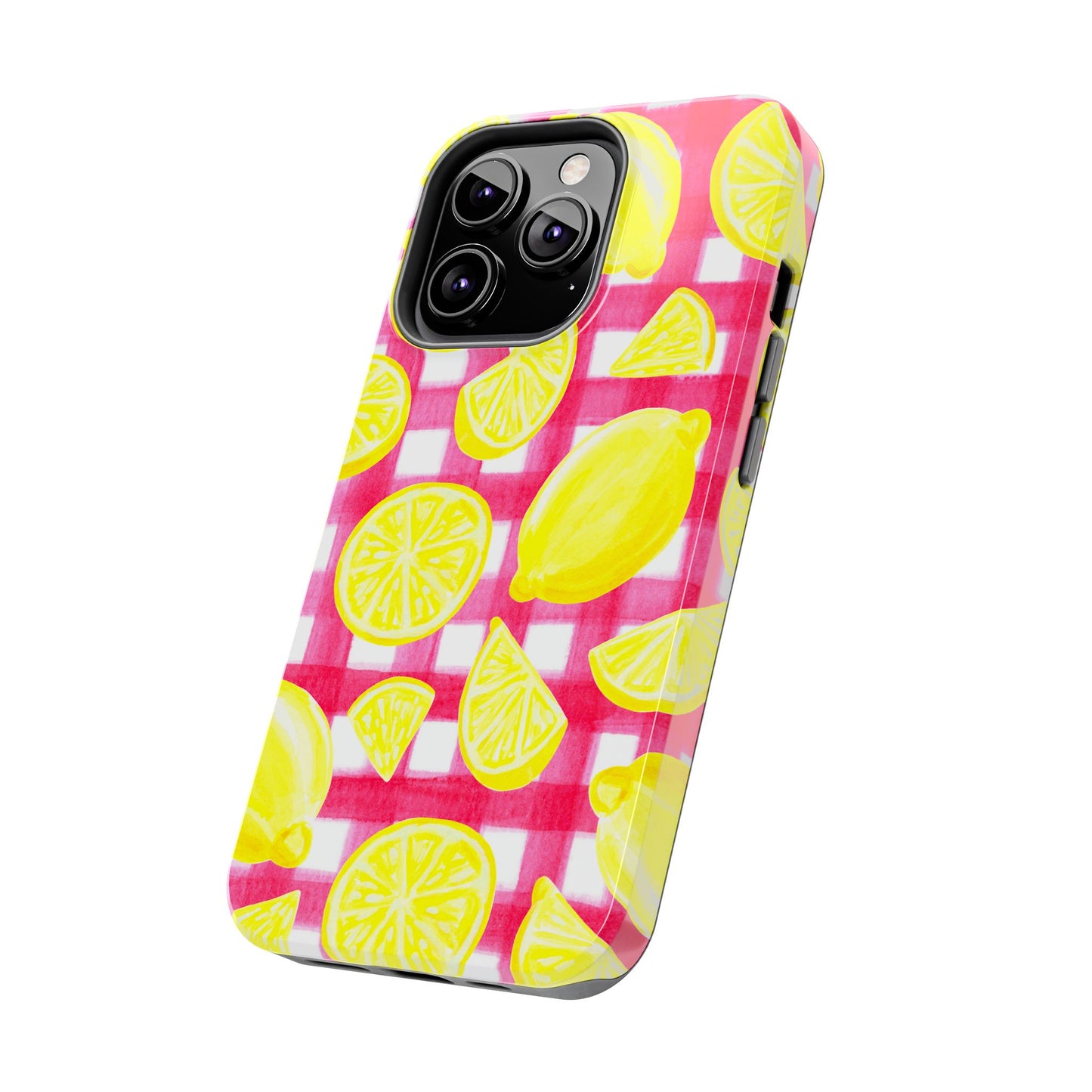 Yellow Lemons & Hot Pink Gingham Watercolor Illustrated Tough Phone Case | Various Models Available
