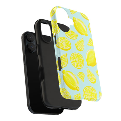 Bright Yellow Lemons Watercolor Illustrated Tossed Pattern Light Blue Tough Phone Case | Various Models