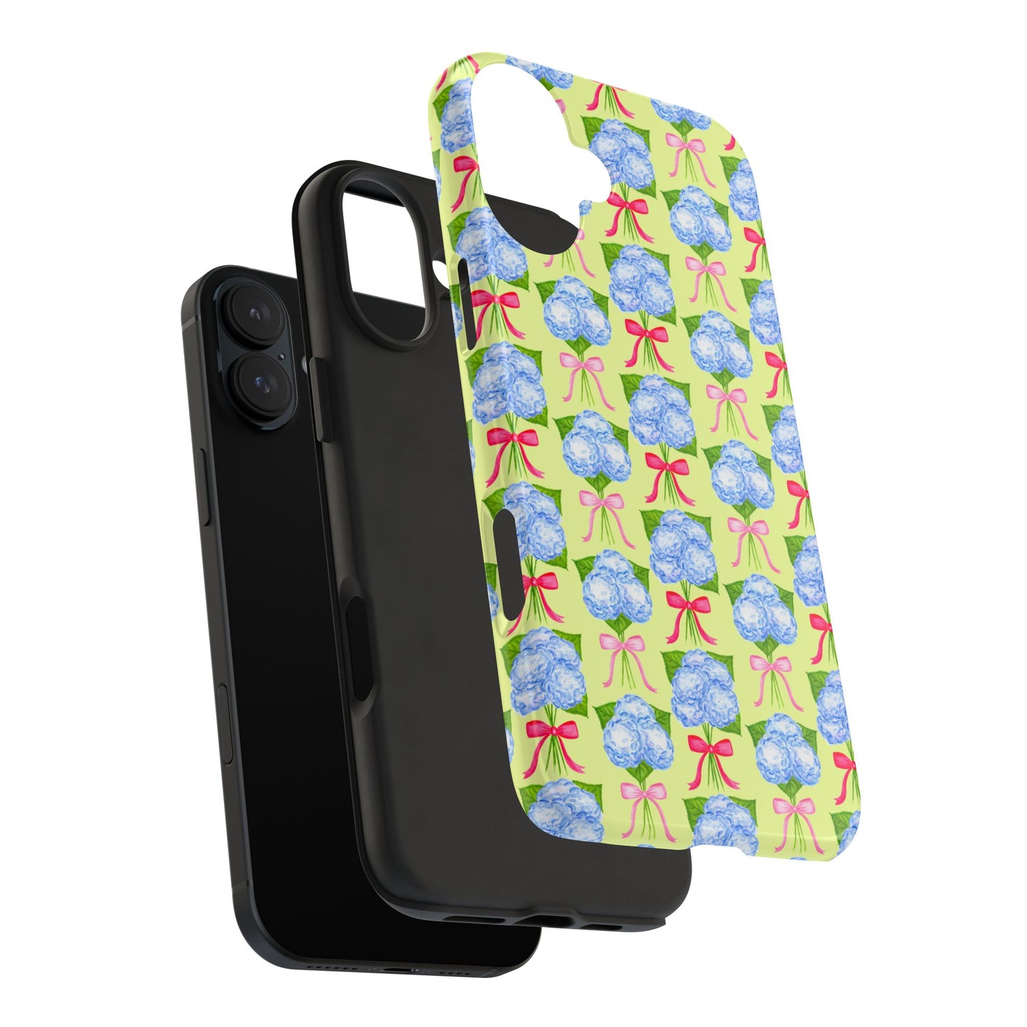 Watercolor Blue Hydrangea Bouquets with Hot Pink and Light Pink Bow Ribbons Illustrated Pattern Yellow Tough Phone Case | Various Models