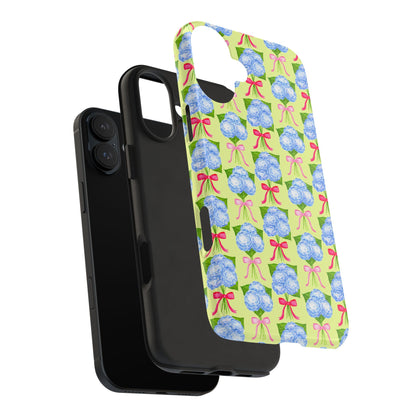 Watercolor Blue Hydrangea Bouquets with Hot Pink and Light Pink Bow Ribbons Illustrated Pattern Yellow Tough Phone Case | Various Models