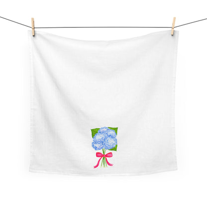 Tea Towel | Watercolor Blue Hydrangeas with Hot Pink Bow Illustration Printed | Preppy Coastal Kitchen Decor Gifts