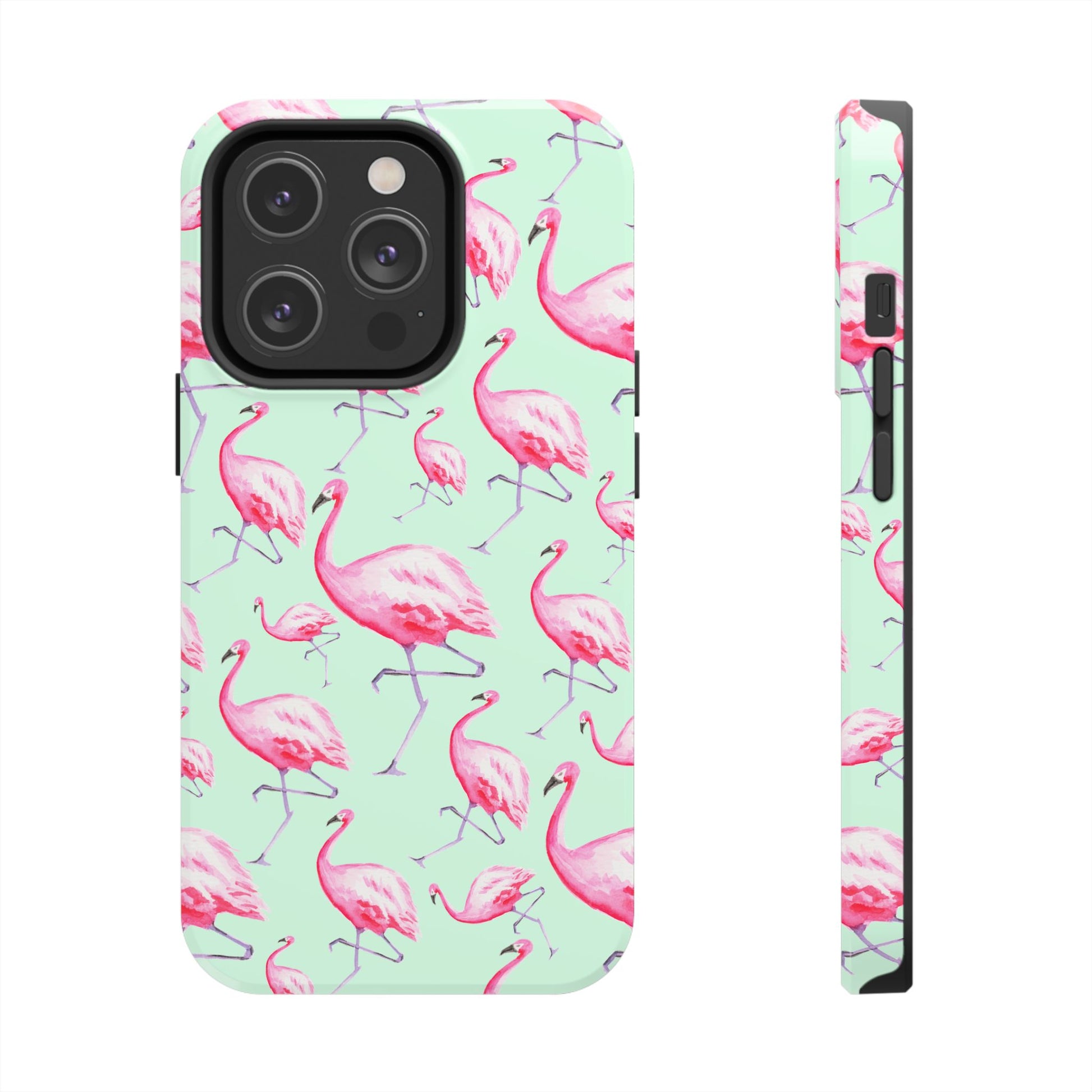 Pink Flamingos Watercolor Illustrated Tossed Pattern Green Phone Case | Various Models iPhone 14 Pro
