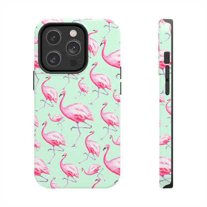 Pink Flamingos Watercolor Illustrated Tossed Pattern Green Phone Case | Various Models iPhone 14 Pro
