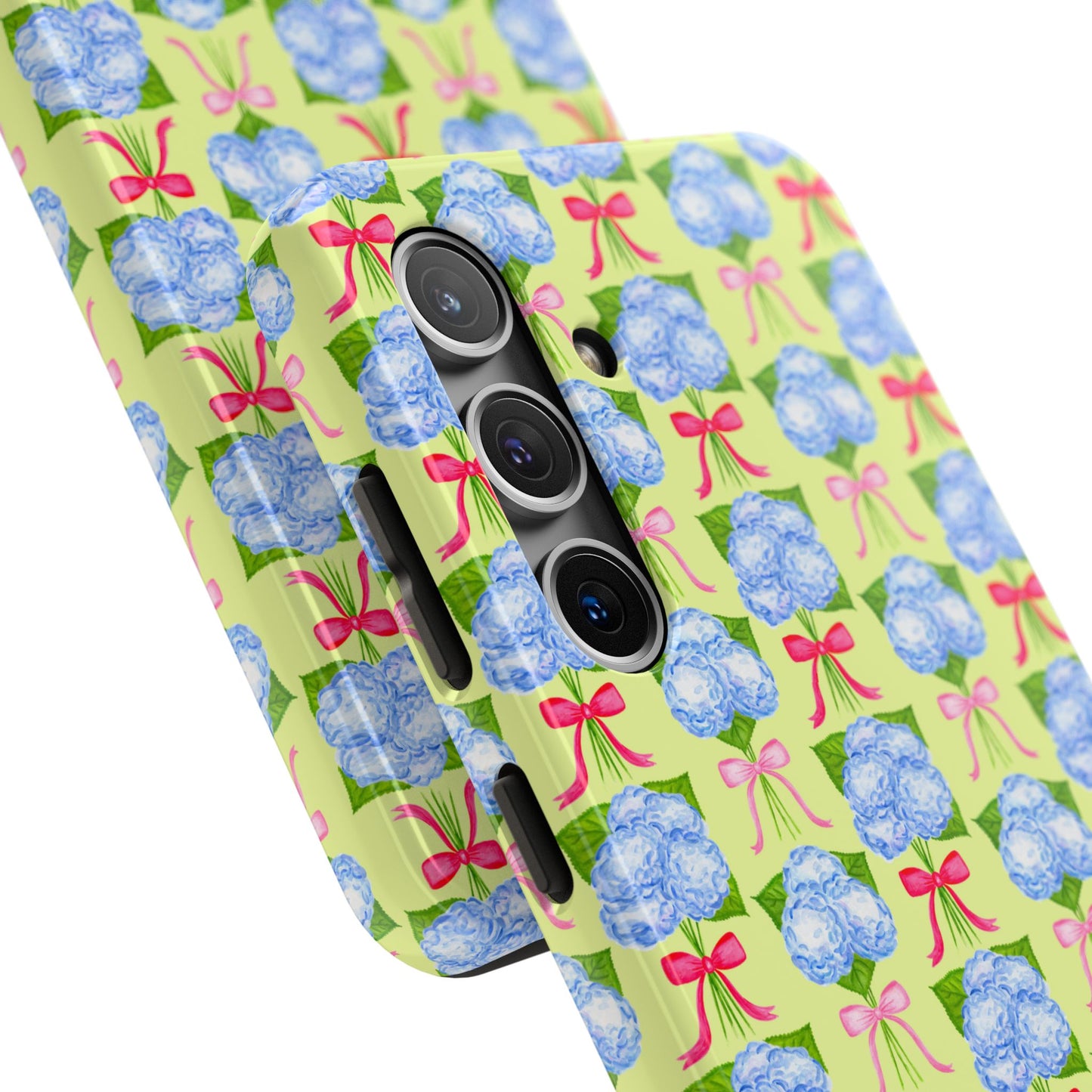 Watercolor Blue Hydrangea Bouquets with Hot Pink and Light Pink Bow Ribbons Illustrated Pattern Yellow Tough Phone Case | Various Models