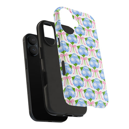 Blue Watercolor Hydrangea Bouqets with Light Pink Bows Watercolor Illustrated Patterned Tough Phone Case | Various Models