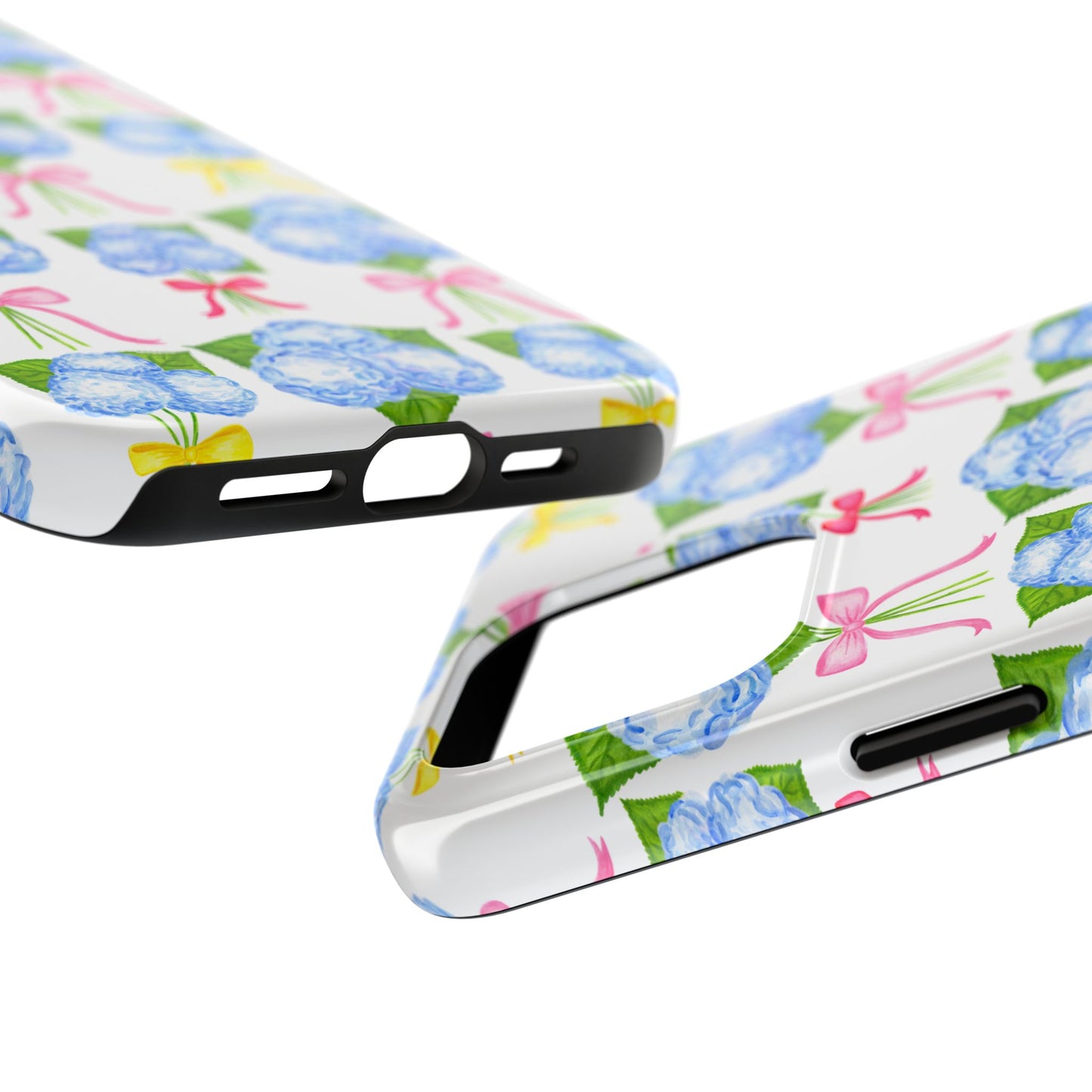 Blue Hydrangeas with Hot Pink, Yellow, Light Pink Bows Watercolor Illustrated Patterned Tough Phone Case | Various Models