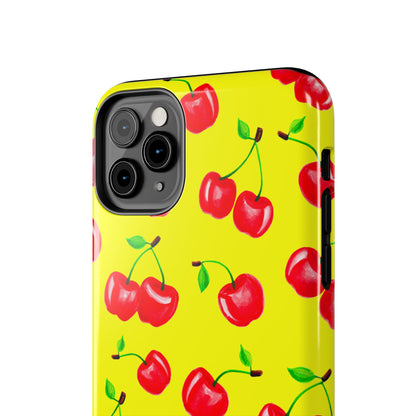 Tossed Red Watercolor Cherries Illustrated Pattern Bright Yellow Tough Phone Case | Various Models
