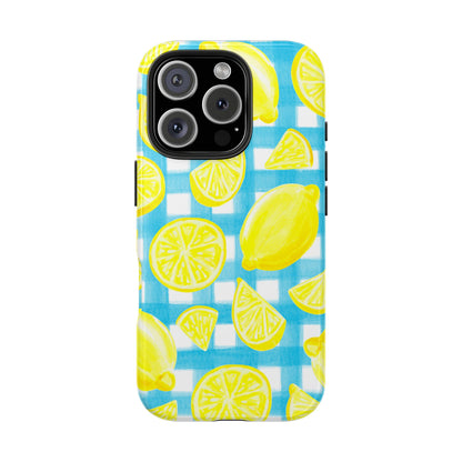 Yellow Lemons & Turquoise Gingham Watercolor Illustrated Tough Phone Case | Various Models Available