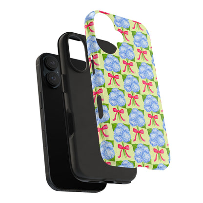 Blue Watercolor Hydrangea Bouquets with Hot Pink Bows Illustrated Patterned Yellow Preppy Grand Millenial Tough Phone Case | Various Models