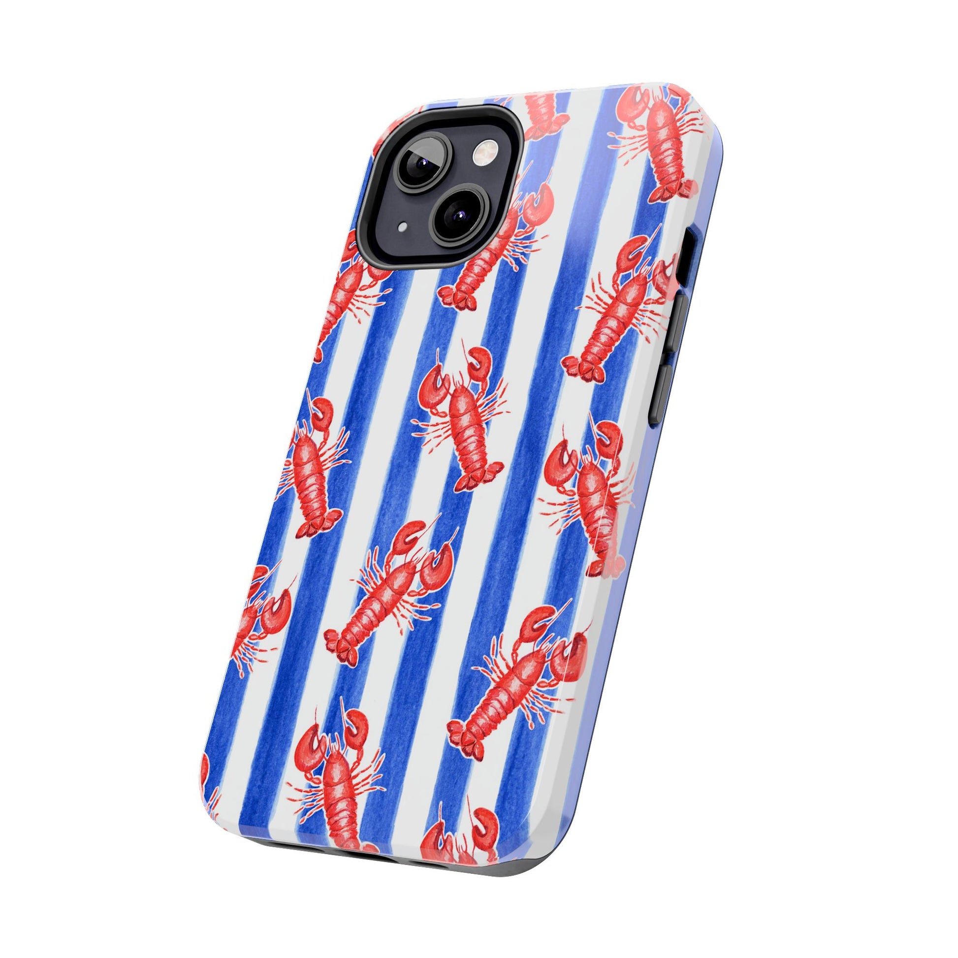 Blue & White Strip Red Lobster Watercolor Patterned Phone Case | Various Models
