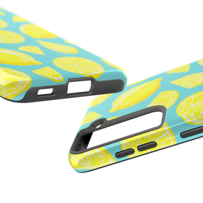 Bright Yellow Lemons Watercolor Illustrated Tossed Pattern Turquoise Blue Tough Phone Case | Various Models