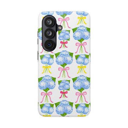 Blue Hydrangeas with Hot Pink, Yellow, Light Pink Bows Watercolor Illustrated Patterned Tough Phone Case | Various Models
