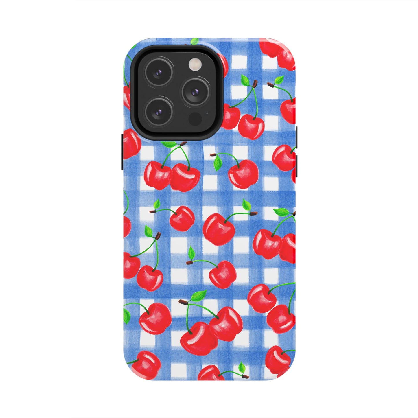 Tossed Red Watercolor Illustrated Cherries Light Blue Gingham Tough Phone Case | Various Models