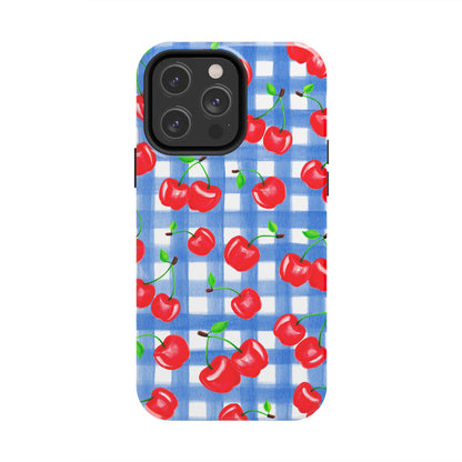 Tossed Red Watercolor Illustrated Cherries Light Blue Gingham Tough Phone Case | Various Models
