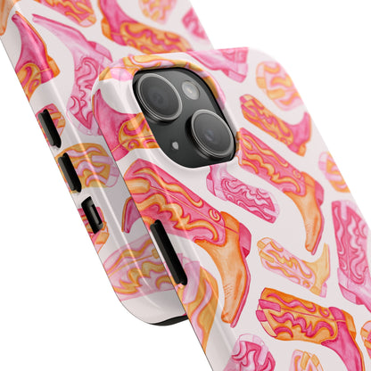 Tossed Hot Pink & Orange Watercolor Cowboy Boots Tough Light Pink Phone Case | Various Models Available