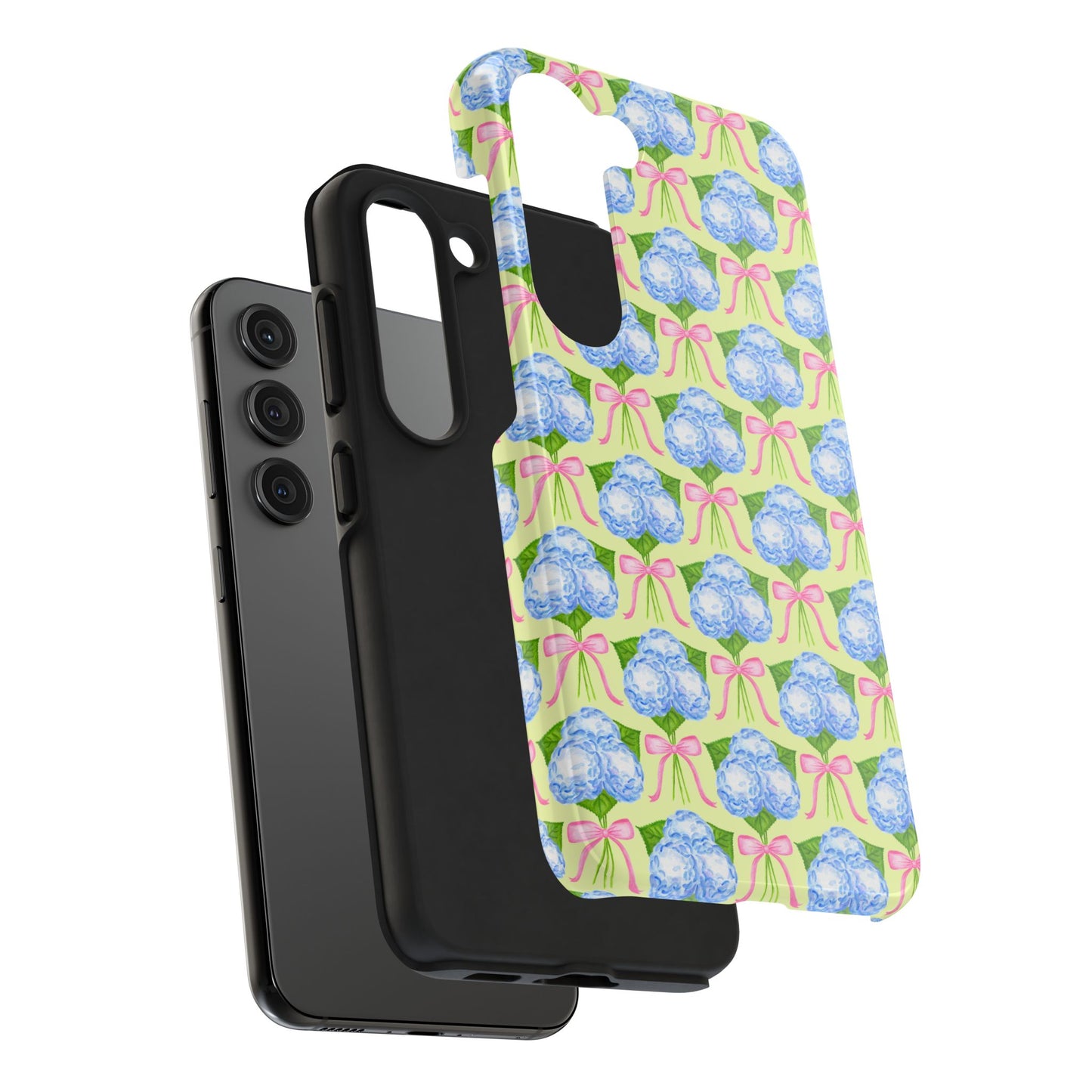 Blue Watercolor Hydrangea Bouquets with Light Pink Bows Watercolor Illustrated Patterned Yellow Tough Phone Case | Various Models