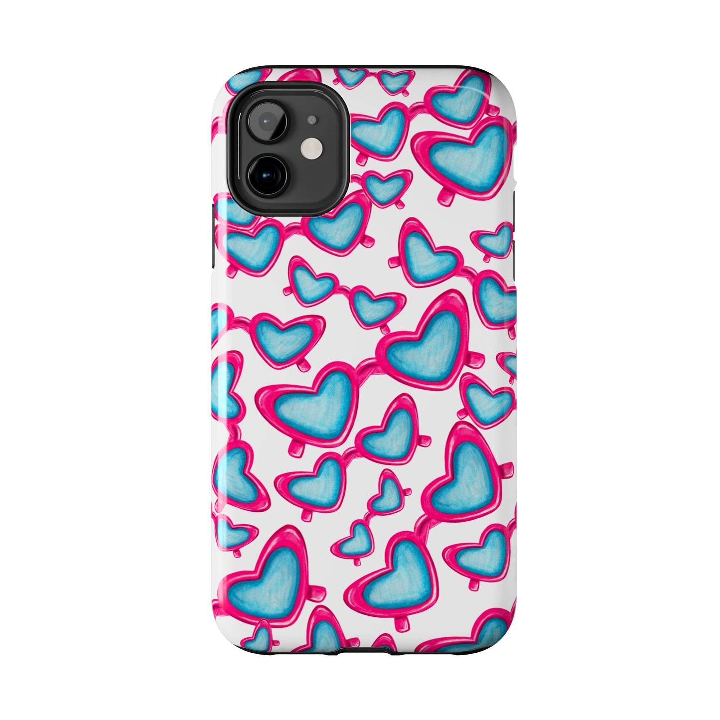 Pink & Blue Heart Shaped Sunglasses Watercolor Illustrated Tossed Pattern Tough Case | Various Models