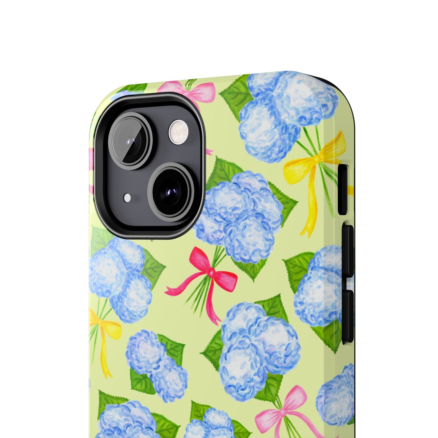 Blue Watercolor Hydrangea Bunches with Hot Pink, Yellow, Light Pink Bows Illustrated Patterned Yellow Tough Phone Case | Various Models
