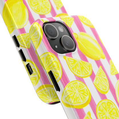 Pink Lemonade Yellow Lemons with Pink & White Watercolor Stripes Tough Phone Case