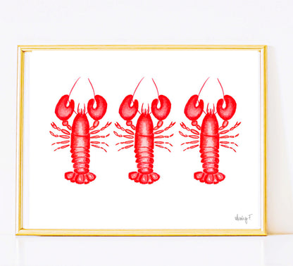 Print | Red Lobster Watercolor Trio | Coastal Nautical Ocean Decor Wall Art | New England Nantucket Capecod