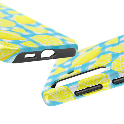 Bright Yellow Lemons Watercolor Illustrated Tossed Pattern Turquoise Gingham Tough Phone Case | Various Models