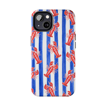 Blue & White Strip Red Lobster Watercolor Patterned Phone Case | Various Models