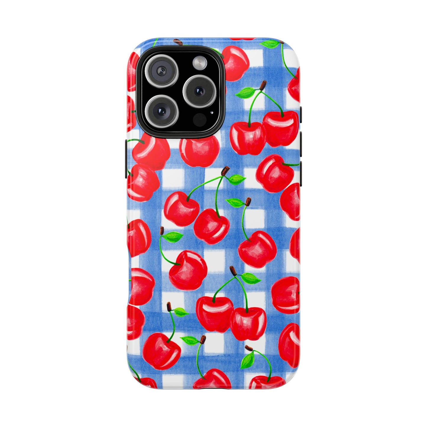 Tossed Red Cherries Blue Gingham Checkered Watercolor Illustrated Tough Phone Case | Various Models