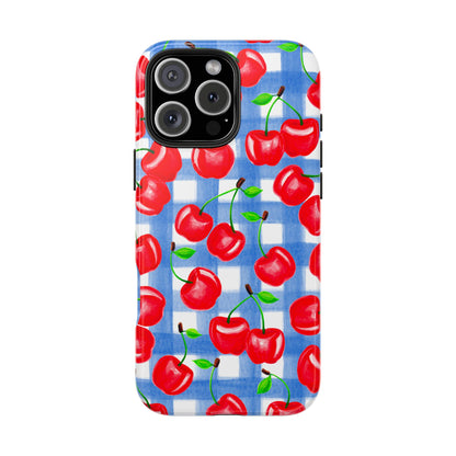 Tossed Red Cherries Blue Gingham Checkered Watercolor Illustrated Tough Phone Case | Various Models