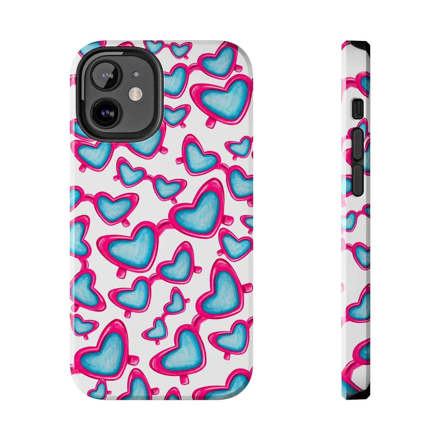 Pink & Blue Heart Shaped Sunglasses Watercolor Illustrated Tossed Pattern Tough Case | Various Models iPhone 12 Mini