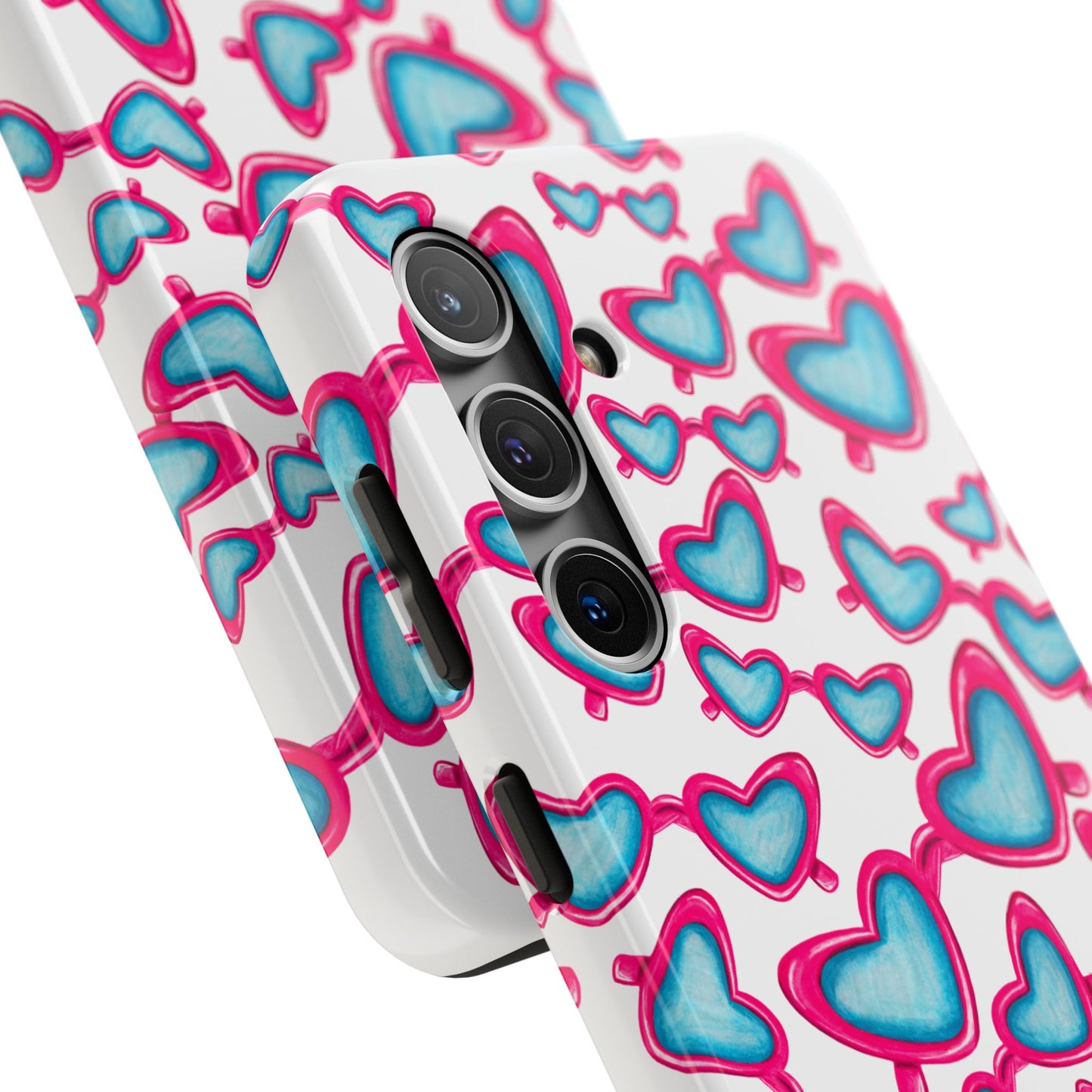 Pink & Blue Heart Shaped Sunglasses Watercolor Illustrated Tossed Pattern Tough Case | Various Models
