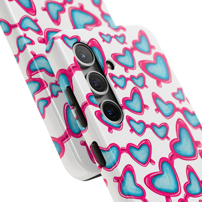 Pink & Blue Heart Shaped Sunglasses Watercolor Illustrated Tossed Pattern Tough Case | Various Models