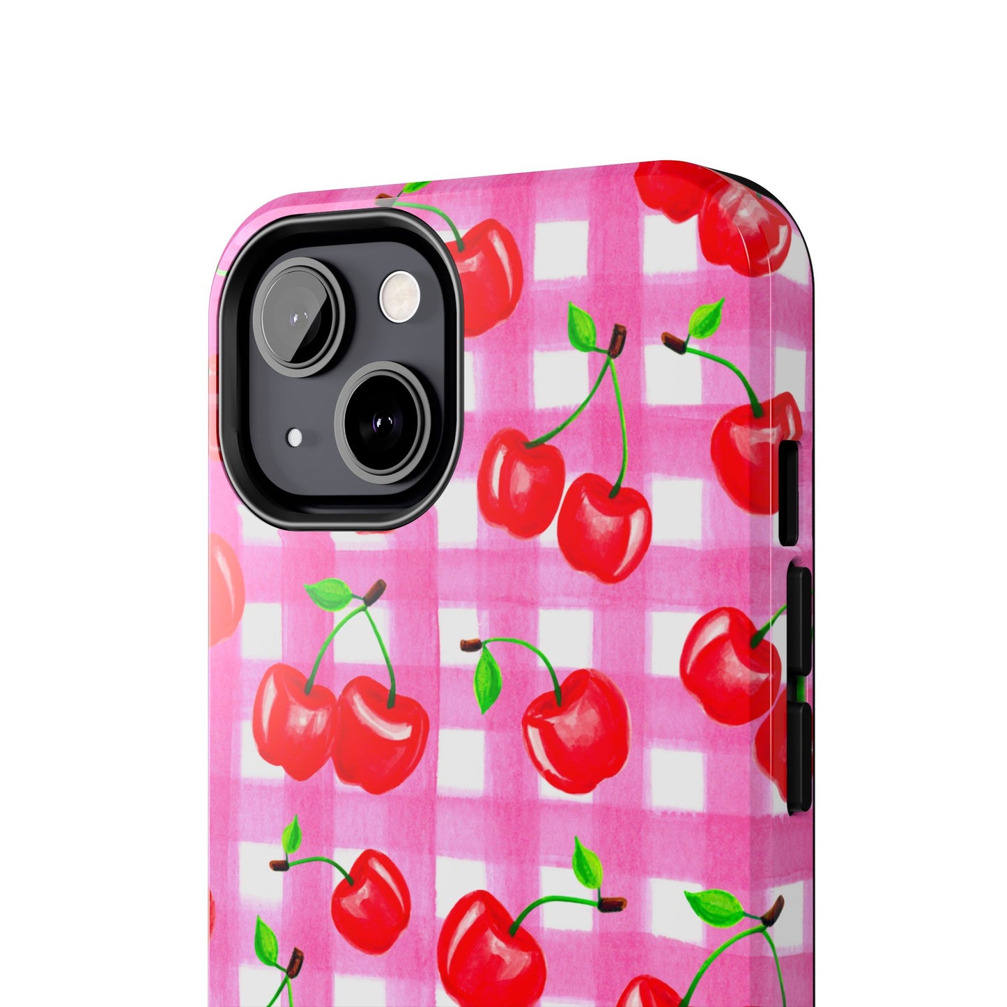 Tossed Red Watercolor Cherries Illustrated Pattern Light Pink Gingham Tough Phone Case | Various Models
