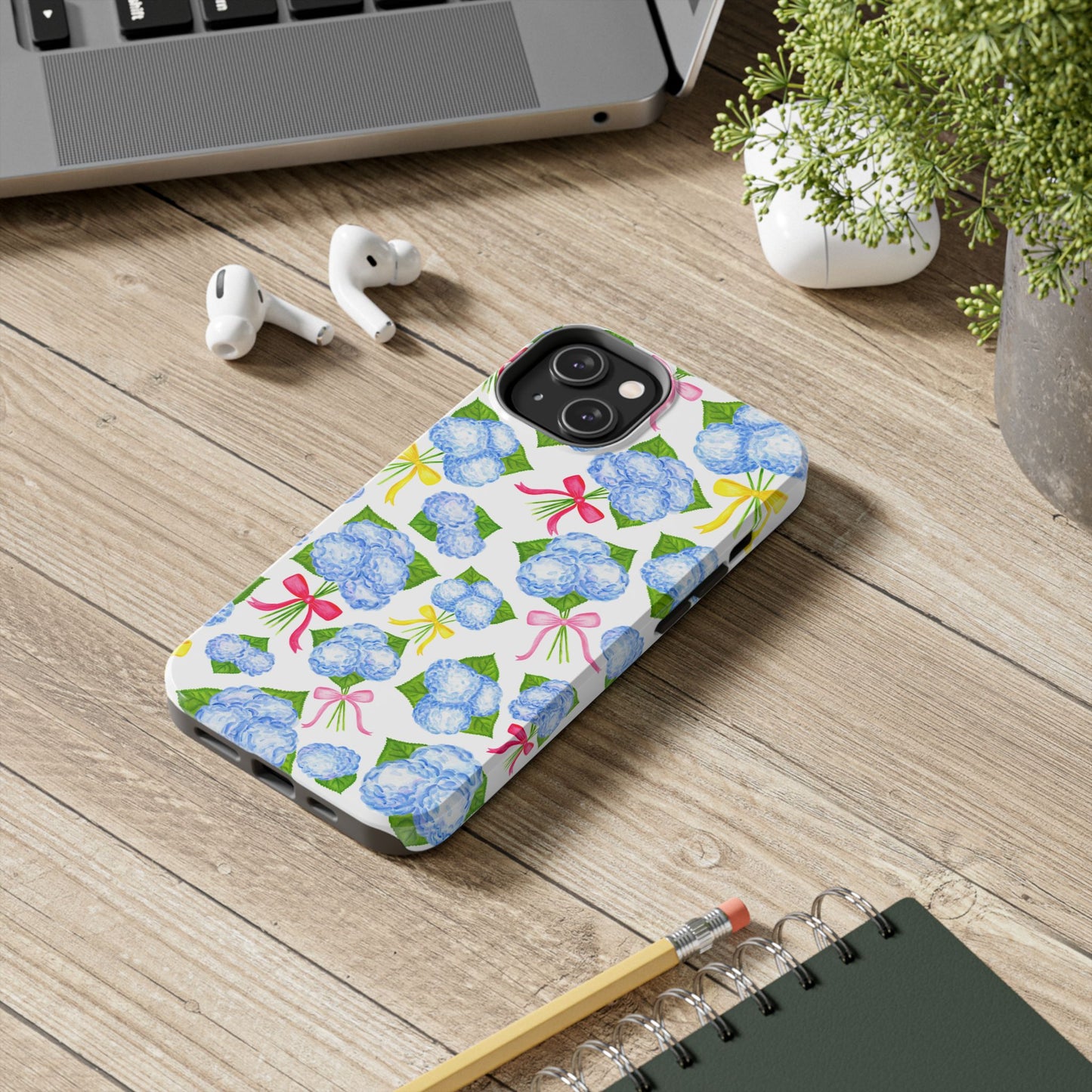 Blue Watercolor Hydrangea Bunches with Hot Pink, Yellow, Light Pink Bows Illustrated Patterned Tough Phone Case | Various Models