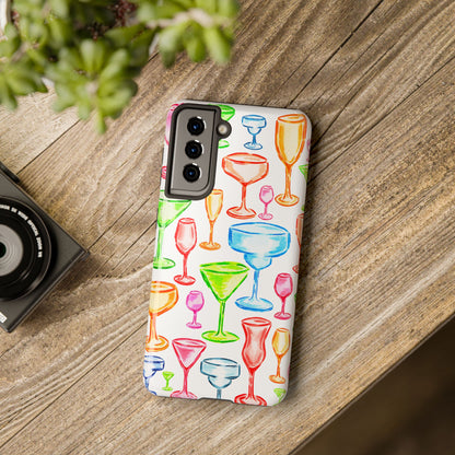 Monochromatic Margarita, Wine, Martini, and Champagne Flute Cocktail Glasses Watercolor Illustrated Tough Phone Case | Various Models Available