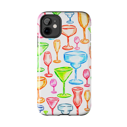 Monochromatic Margarita, Wine, Martini, and Champagne Flute Cocktail Glasses Watercolor Illustrated Tough Phone Case | Various Models Available