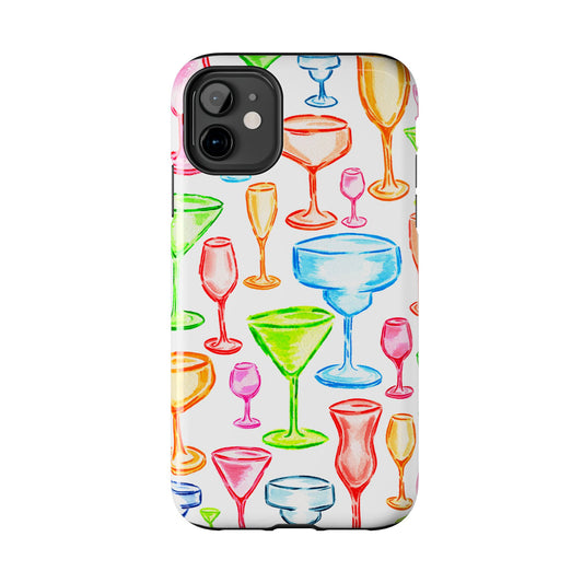 Monochromatic Margarita, Wine, Martini, and Champagne Flute Cocktail Glasses Watercolor Illustrated Tough Phone Case | Various Models Available iPhone 11