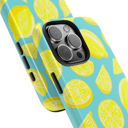 Bright Yellow Lemons Watercolor Illustrated Tossed Pattern Turquoise Blue Tough Phone Case | Various Models