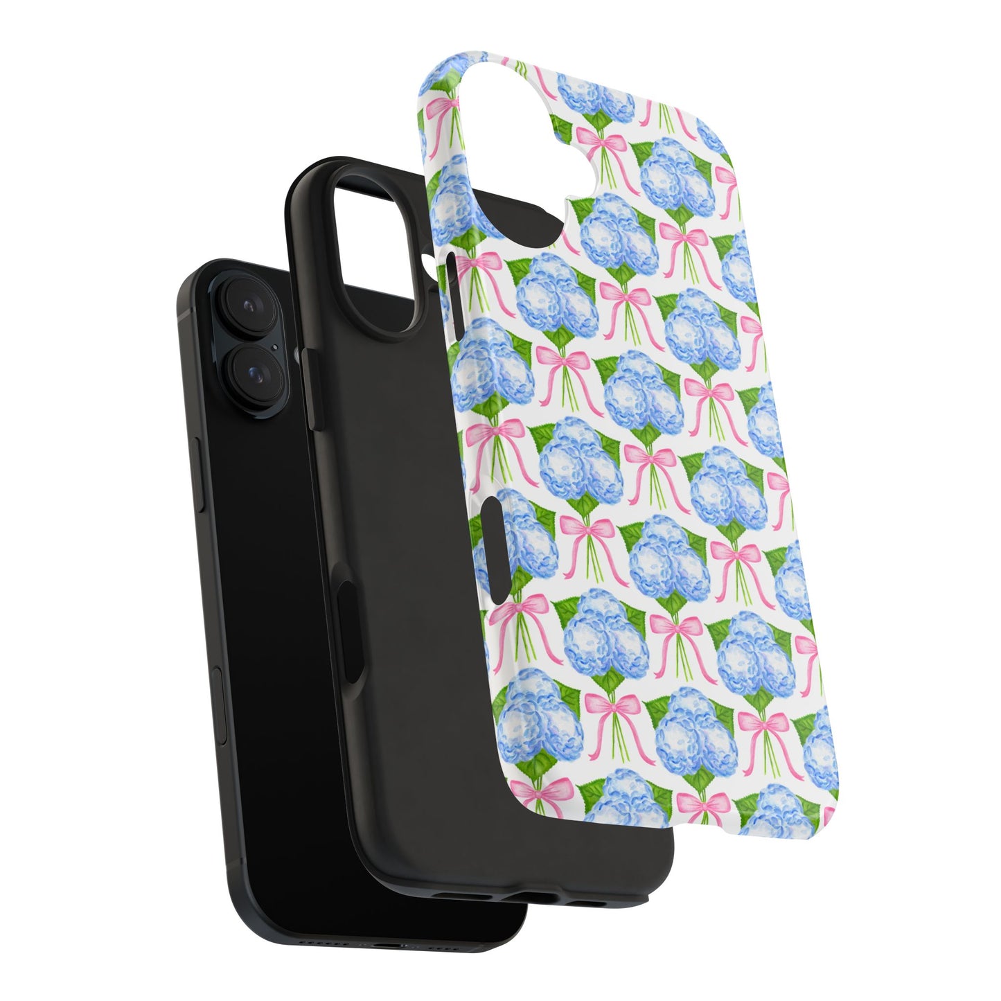 Blue Watercolor Hydrangea Bouqets with Light Pink Bows Watercolor Illustrated Patterned Tough Phone Case | Various Models