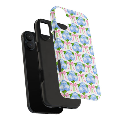 Blue Watercolor Hydrangea Bouqets with Light Pink Bows Watercolor Illustrated Patterned Tough Phone Case | Various Models