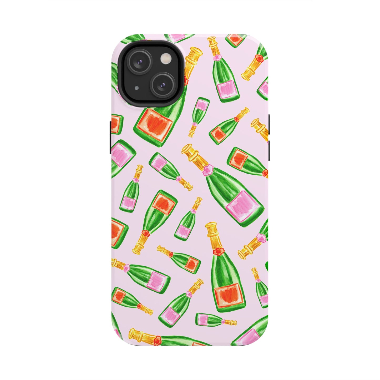 Tossed Pink and Green & Orange and Green Watercolor Illustrated Champagne Bottles Pattern Blush Pink Tough Phone Case | Various Models