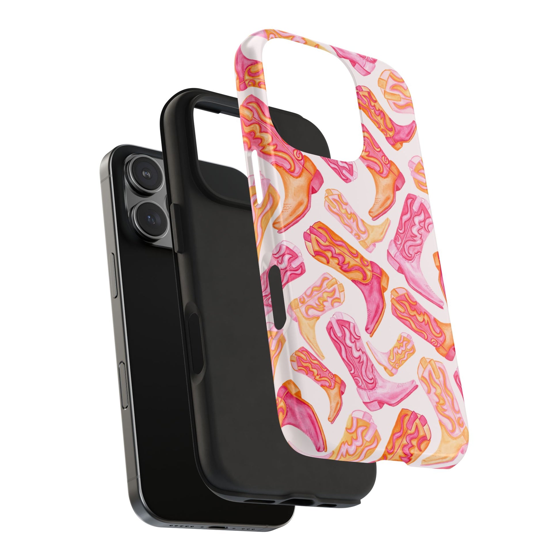 Tossed Hot Pink & Orange Watercolor Cowboy Boots Tough Light Pink Phone Case | Various Models Available