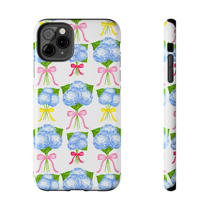 Blue Hydrangeas with Hot Pink, Yellow, Light Pink Bows Watercolor Illustrated Patterned Tough Phone Case | Various Models